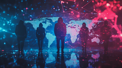 Hacker are planning to hack and attack networks and cyber security systems.team people innovation connection of line from nail node to node on map background , networking concept