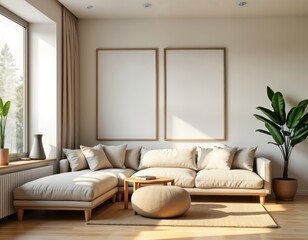 Aufkleber - Modern living room interior design. Beige, white tones create calming atmosphere. Two blank frames on wall invite customization. Natural light from window illuminates space. Comfortable sectional
