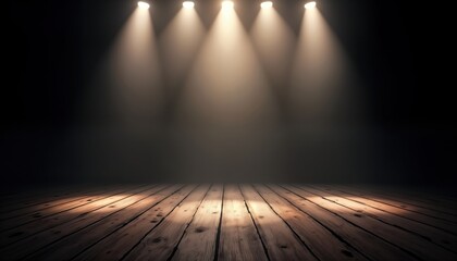 Leinwandbilder - Dark stage with spotlights shining on aged wooden floor. Empty space for performance event. Ideal for show concert. Perfect backdrop wood texture. Suitable for vintage industrial themes. Stylish