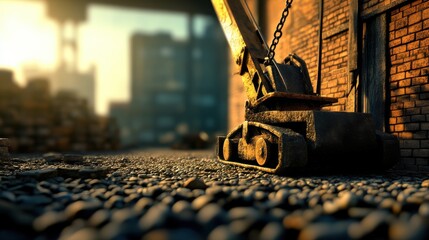 Canvas Print - Industrial site with heavy machinery working on gravel, showcasing urban landscape and construction activity