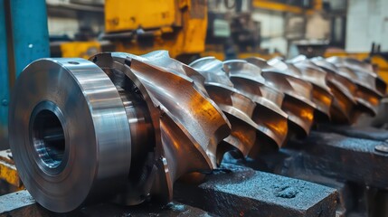 Poster - Close-up of precision-engineered metal parts, industrial machinery components in a factory setting.