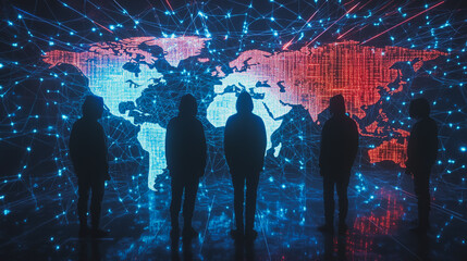 Hacker are planning to hack and attack networks and cyber security systems.team people innovation connection of line from nail node to node on map background , networking concept