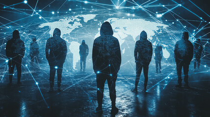 Hacker are planning to hack and attack networks and cyber security systems.team people innovation connection of line from nail node to node on map background , networking concept