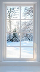 Wall Mural - Vertical photo of a bright and white window with a beautiful winter landscape view