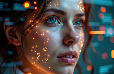 Fototapete - Close up of young woman. Face shows glowing tech design. Futuristic style. Concept of future technology. Possible AI VR interface. Woman looks thoughtful, curious. Tech face design with data