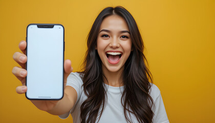 Smiling Lady Holding White Smartphone with Blank Screen for Technology and Business Banner