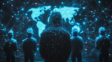Hacker are planning to hack and attack networks and cyber security systems.team people innovation connection of line from nail node to node on map background , networking concept