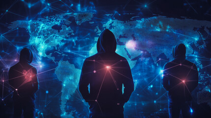 Hacker are planning to hack and attack networks and cyber security systems.team people innovation connection of line from nail node to node on map background , networking concept