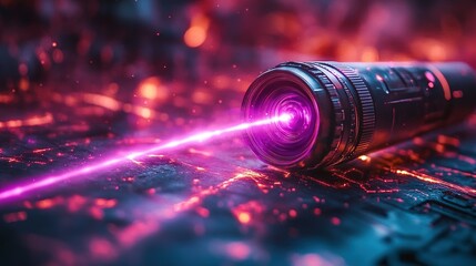 Wall Mural - Futuristic Camera Lens Emits Pink Laser Beam