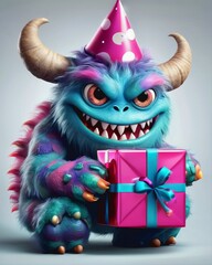 Wall Mural - Little blue and purple monster with a small birthday gift in pink, celebration, design, illustration, digital art.