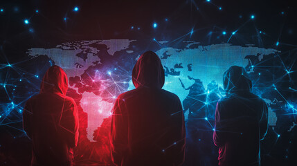 Hacker are planning to hack and attack networks and cyber security systems.team people innovation connection of line from nail node to node on map background , networking concept