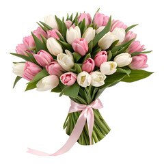 Wall Mural - big bouquet of  pink and white tulips with ribbon,  soft focus isolated on the transparent background