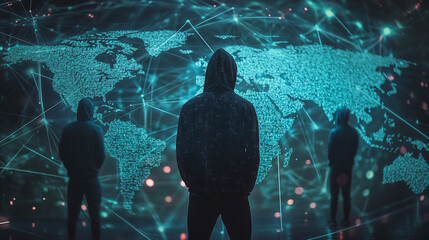 Hacker are planning to hack and attack networks and cyber security systems.team people innovation connection of line from nail node to node on map background , networking concept