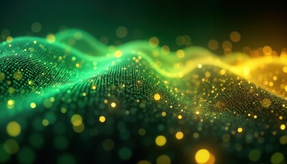 Poster - Abstract futuristic background displays vibrant glowing green, yellow neon wave lines, bokeh lights. Dynamic motion evokes data transfer concept. Stylish design suggests cutting-edge technology.