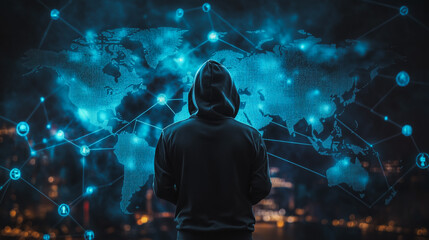 Hacker are planning to hack and attack networks and cyber security systems.team people innovation connection of line from nail node to node on map background , networking concept