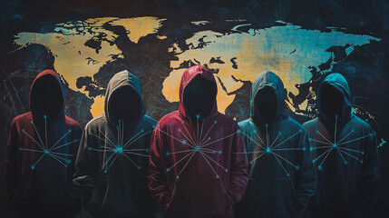 Hacker are planning to hack and attack networks and cyber security systems.team people innovation connection of line from nail node to node on map background , networking concept