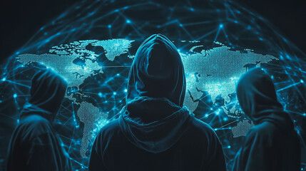Hacker are planning to hack and attack networks and cyber security systems.team people innovation connection of line from nail node to node on map background , networking concept