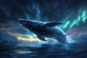 Wall Mural - ethereal cosmic whale breaching through auroralit waters its massive form silhouetted against a gala