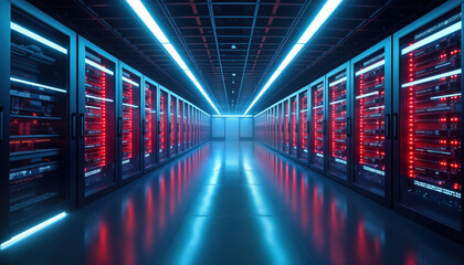 Poster - Futuristic data center shows rows of glowing server racks. High-tech equipment with blue, red lighting creates futuristic vibe. Reflective floor amplifies tech feel. Modern tech infrastructure.