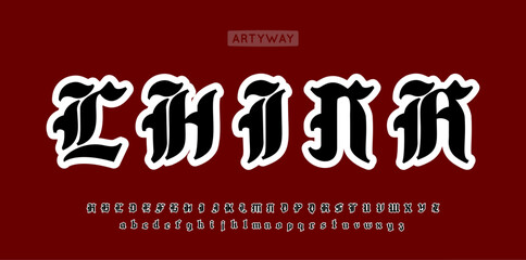 Leinwandbilder - Medieval blackletter typography, vintage chinese calligraphy, decorative gothic type, ancient fraktur lettering, bold knightly monogram, chinese style branding logo and headlines. Vector typeset.