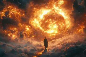 Wall Mural - ethereal figure bathed in golden light traversing cosmic landscape surrounded by swirling nebulae an