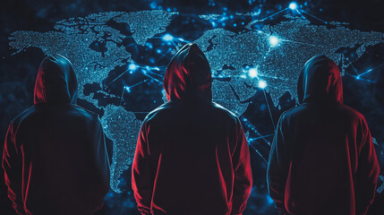 Hacker are planning to hack and attack networks and cyber security systems.team people innovation connection of line from nail node to node on map background , networking concept