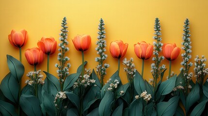 Wall Mural - Vibrant orange tulips and delicate white flowers against a bright yellow background