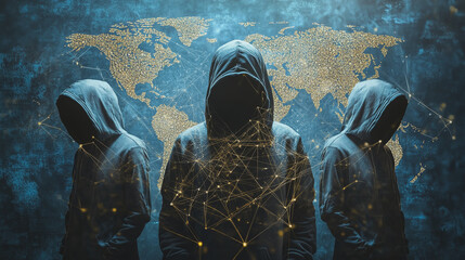 Hacker are planning to hack and attack networks and cyber security systems.team people innovation connection of line from nail node to node on map background , networking concept