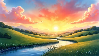 Aufkleber - Serene countryside scene at sunset. Rolling hills, winding river flow through rich green meadows. Colorful sky, vibrant clouds create tranquil ambiance. Peaceful evening landscape with natural