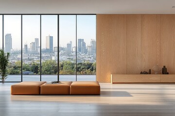 Poster - Spacious Scandinavian Living Room with City Skyline View and Wooden Accent Wall
