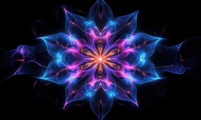 Poster - Glowing Flower Fractal Pattern in Blue and Pink on Black Background