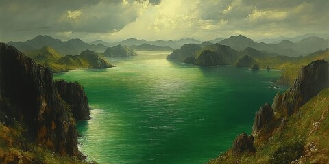 Canvas Print - Majestic Green Coastal Landscape with Mountain Range and Vast Ocean Under Clouded Sky - Nature, Serenity, and Adventure in Pristine Natural Splendor