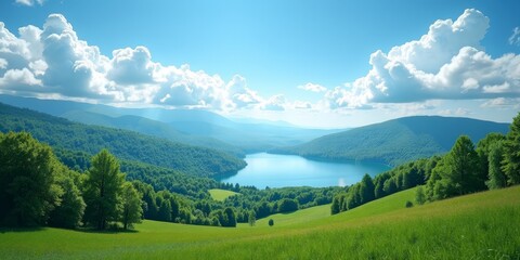 Wall Mural - A serene landscape with rolling hills and a lake