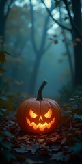 Carved face on orange pumpkin, glowing in the dark