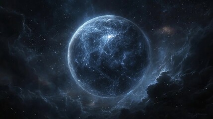 glowing blue planet, cosmic nebula background, space exploration, science fiction art