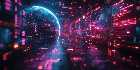 Digital Earth with Network Connections Floating Screens and Multimedia Content in a Cyberpunk Style