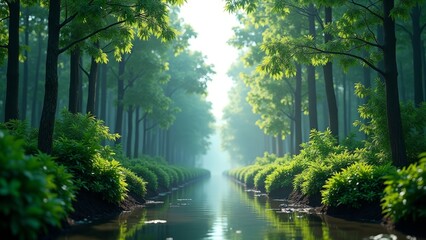 Poster - A serene forest scene with a tranquil stream, lush greenery, and a bright sun shining through the trees