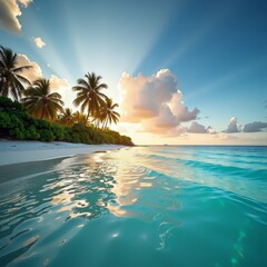 Wall Mural - Serene beach at sunset, palm trees and calm sea