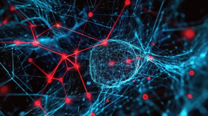 Wall Mural - red and blue lines connecting nodes in a complex network, with a central hub representing data flow,