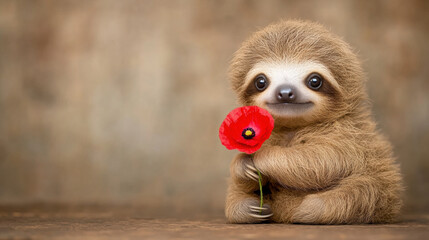 Wall Mural - Sloth with flower, A cute sloth holding a red flower, exuding charm and innocence in a soft, natural setting.