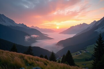 Wall Mural - A serene mountain landscape at sunrise or sunset, with a misty valley and distant peaks