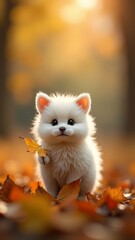 Canvas Print - A small, fluffy white dog with dark eyes and a pink nose, playing in autumn leaves