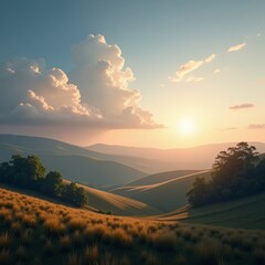 Wall Mural - A serene landscape with rolling hills and a sunset sky