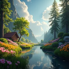 Poster - A serene and picturesque landscape featuring a small wooden cabin, a winding river, and a vibrant meadow with wildflowers