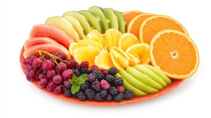 Wall Mural - A refreshing fruit platter with an assortment of sliced mango, papaya, banana