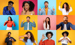 © Prostock-studio - A lively collection of diverse individuals showcases cheerful expressions against vibrant backgrounds. Each person represents joy and positivity through playful gestures and smiles.