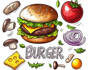 Wall Mural - Modern hand-drawn stickers of a burger recipe, including ingredients like cutlet, cheese, egg, greens, tomato, and sauce, designed for printing or sketchbook use