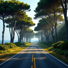 Sticker - A serene coastal road lined with towering trees