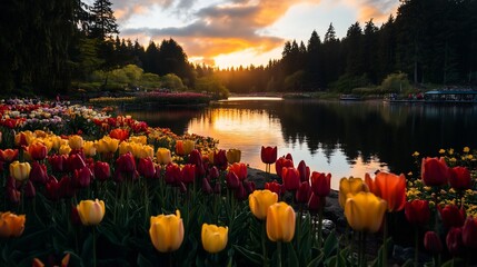 Wall Mural - Sunset Serenity: Tulips by the Lake