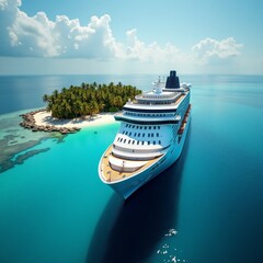 Wall Mural - A large cruise ship sails through a tropical paradise, surrounded by crystal-clear waters and lush greenery